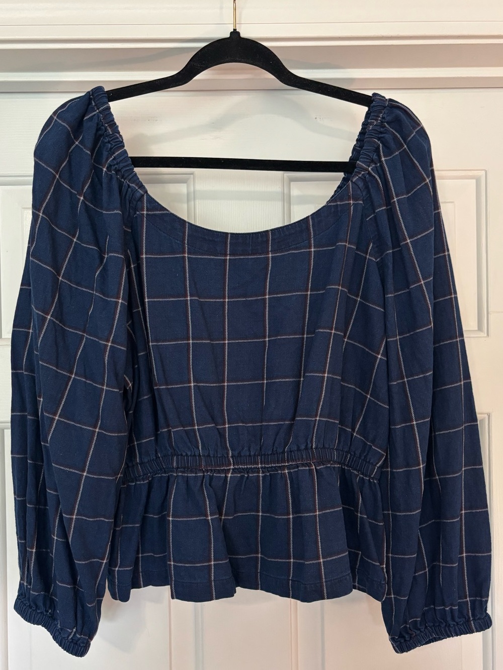 Madewell Navy Plaid Peplum Blouse | Puff Sleeve Square Neck Top | Size Large